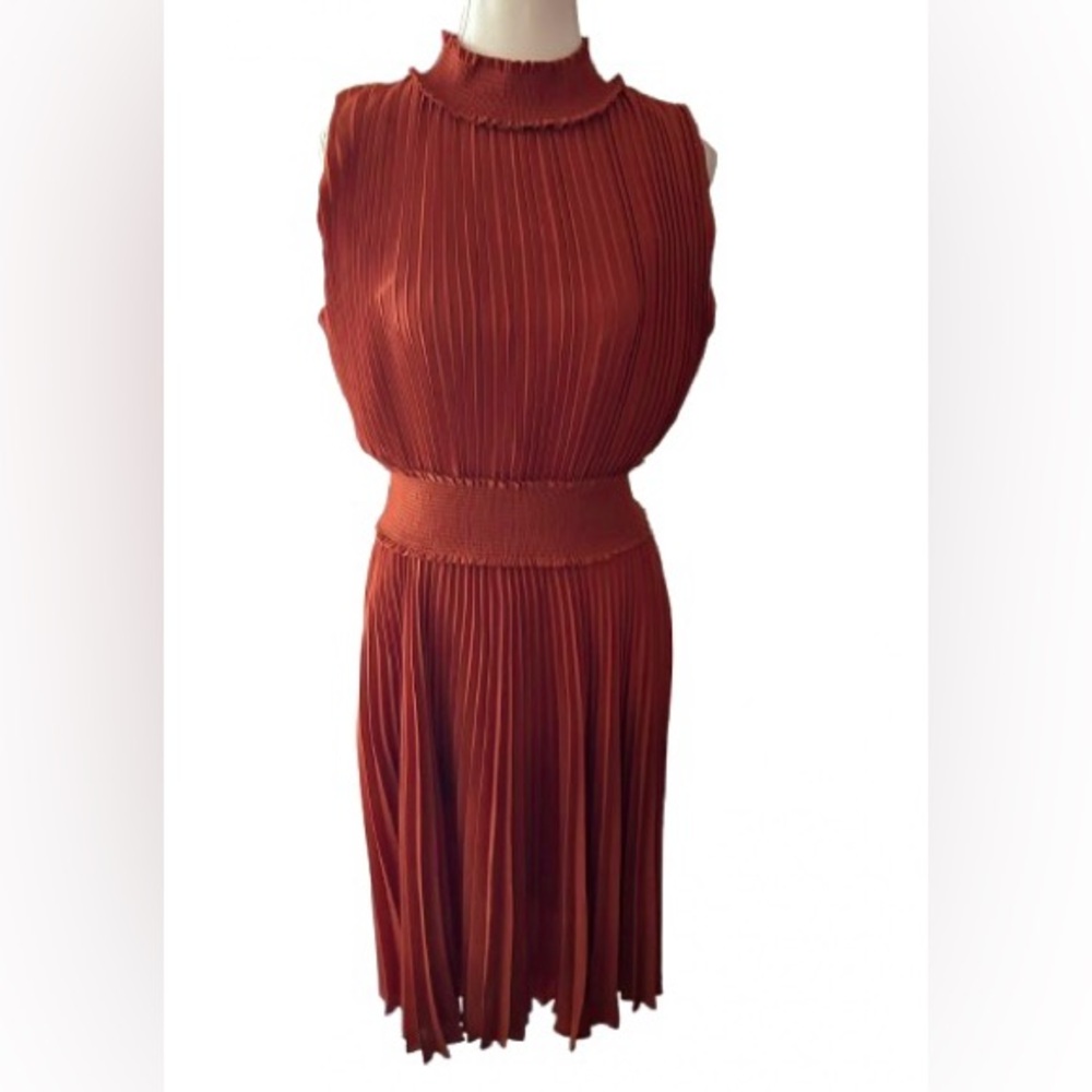 Nanette Lepore Fall Dress Autumn Midi Pleated Orange Rust Aline Size Medium Red